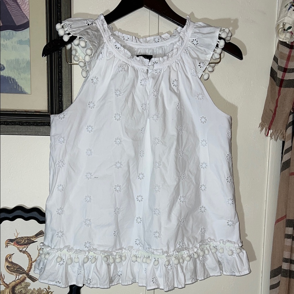 J. Crew White Sleeveless Blouse with Pom-Pom Trim